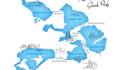 Auf einen Blick: Das Key Visual des neuen Fünf-Seen-Verbunds im Lausitzer Seenland zeigt die fünf Seen und ihre Verbindungen.