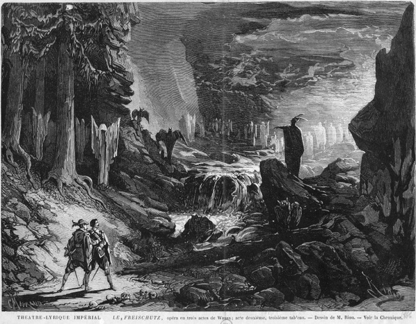 Wolfsschluchtszene aus dem „Freischütz“, Théâtre Lyrique, 1866, Lithografie, wikimedia.de